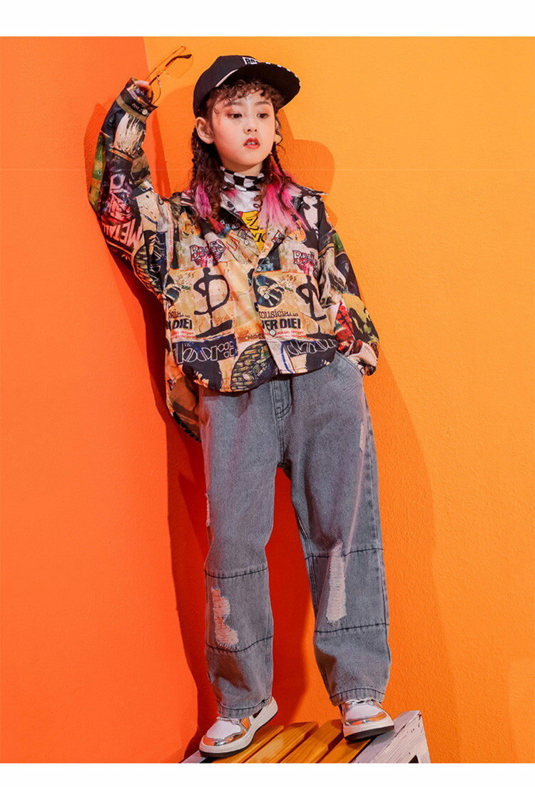 柄シャツ ダンス衣装 キッズ シャツ 派手 個性的 大人サイズ 子供服 ヒップホップ 長袖 トップス ストリート b系 オシャレ 女の子 男の子 ユニセックス ジュニア おしゃれ 普段着 110-170cm 2