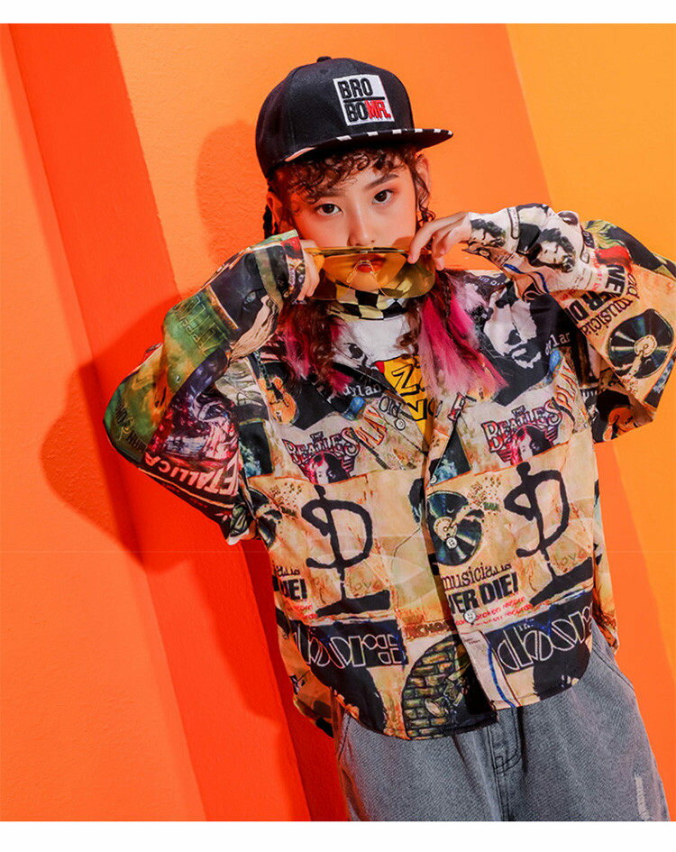 柄シャツ ダンス衣装 キッズ シャツ 派手 個性的 大人サイズ 子供服 ヒップホップ 長袖 トップス ストリート b系 オシャレ 女の子 男の子 ユニセックス ジュニア おしゃれ 普段着 110-170cm 3