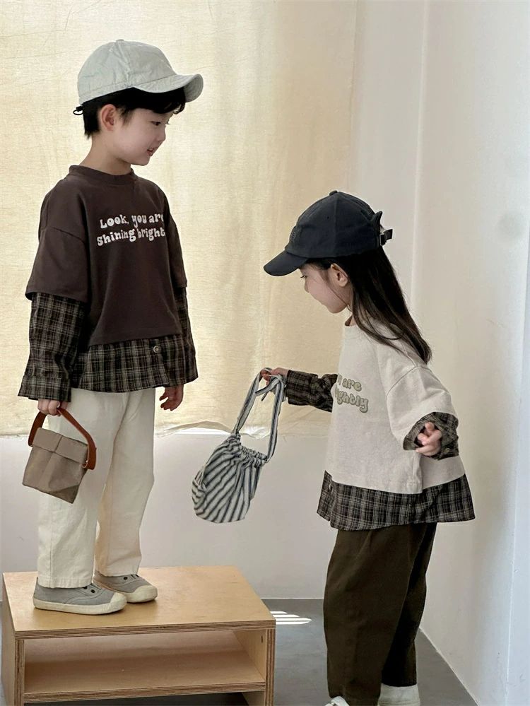 兄妹お揃い リンクコーデ 重ね着 キッズ 子供服 春秋 ペア 姉妹 スウェット 長袖シ...