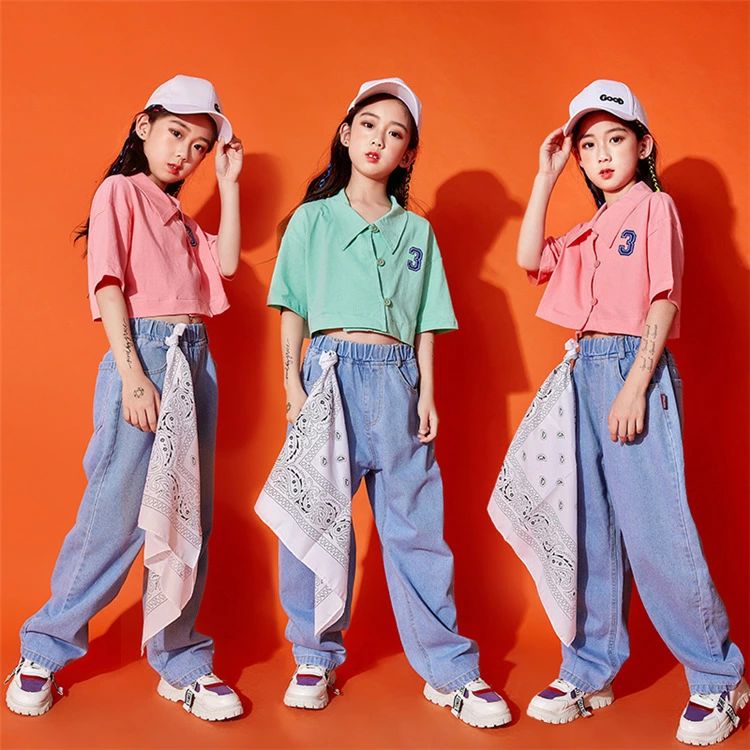Rakuten - キッズダンス衣装 セットアップ ダンス 衣装 ヒップホップ へそ出し キッズ チアガール ジーパン デニムパンツ 女の子 ダンス 衣装 体操服 応援団 キッズ ダンス ステージ衣装 上下 ジャズ 韓国 子供 ダンスウェア おしゃれ 単品販売