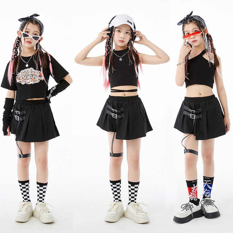 Rakuten - 女の子 ジャズ ダンス衣装 キッズ 黒 セットアップ スカート へそ出し K-POP かわいい 子供服 ダンス HIPHOP ガールズ DANCE イベント 発表会 110-180cm