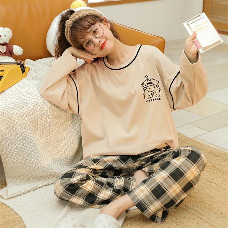 樂天商城 - 韓国 パジャマ ルームウェア チェック柄 上下セット 春秋冬 セットアップ チェックパンツ クマ柄 レディース 長袖 綿 パジャマ ロングパンツ ルームウェア 女性 可愛い 部屋着 寝巻