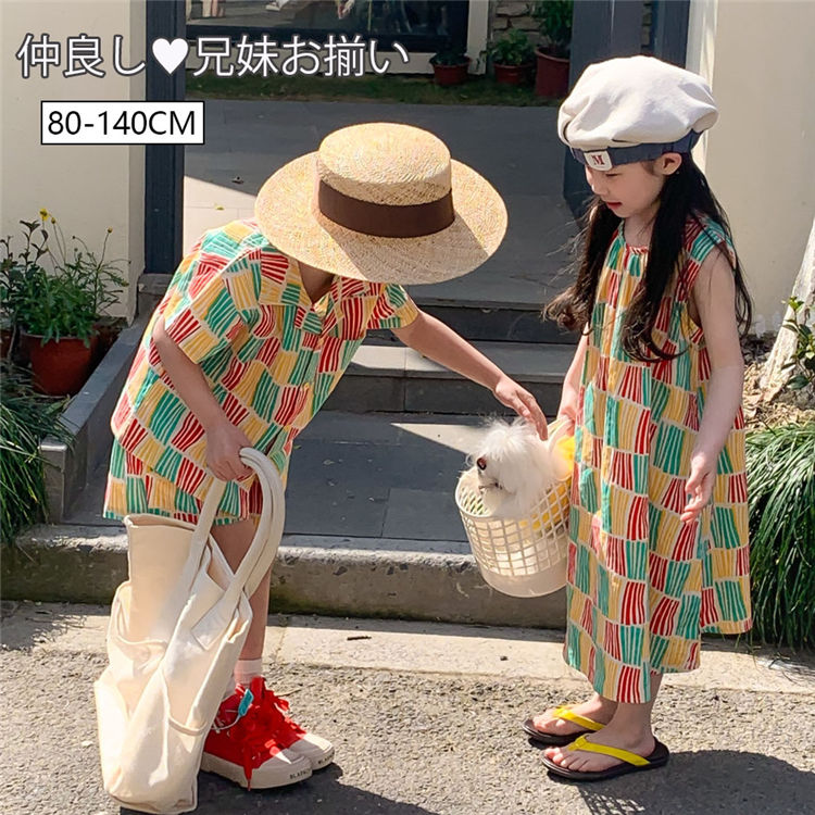 Dresses - ペアルック 兄妹お揃い シャツ 男の子 上下セット アロハ ワンピース 女の子 袖なし ビーチウエア かわいい 色鮮やか 韓国子供服 ガールズ パーティー お呼ばれ カジュアル ベビー ワンピース 80-140
