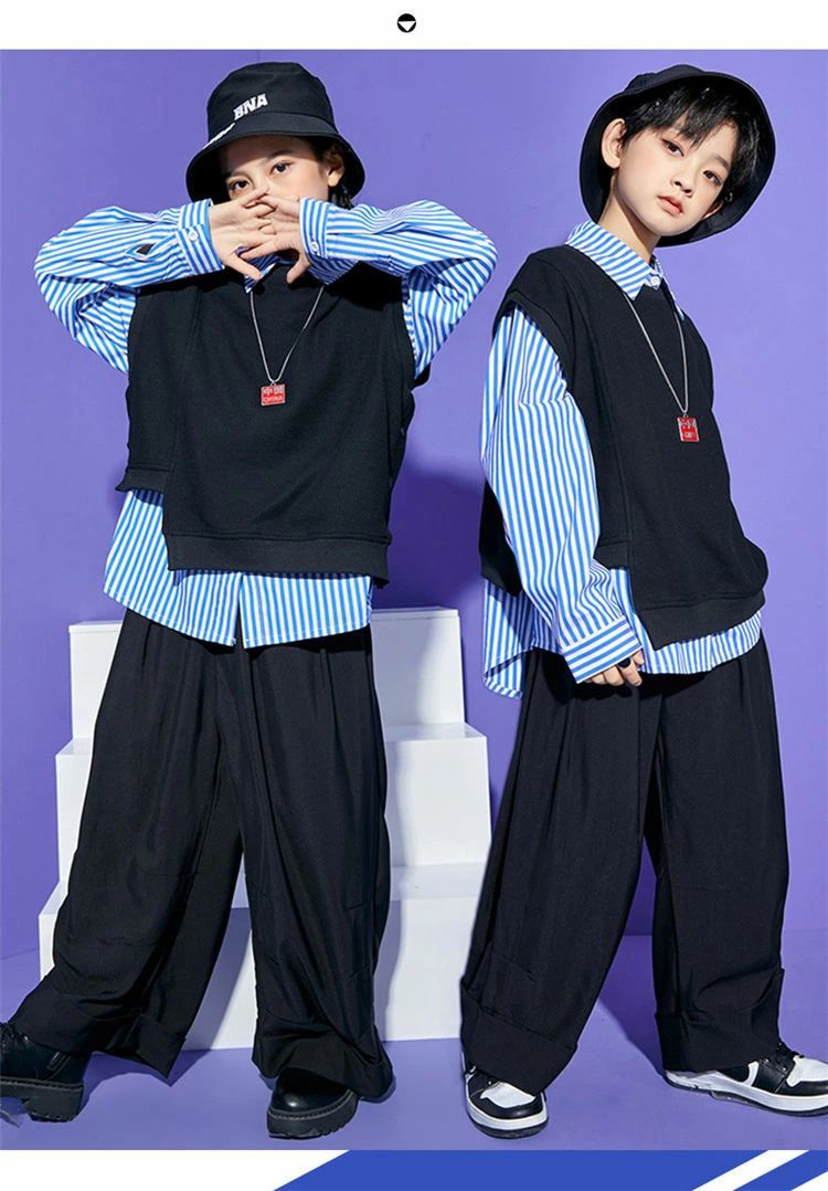 Akyron Styleのダンス衣装 キッズ ヒップホップ セットアップ 子供服 HIPHOP シャツ セーター 學院風 ガールズ 女の子 男の子 子供シャツ スクール制服 ベスト パンツ ジャッズ ストリート 原宿系 団体服 イベント 発表会 発表会 ダンスウェア 体操服 jazz 110~180cm｜アングル2