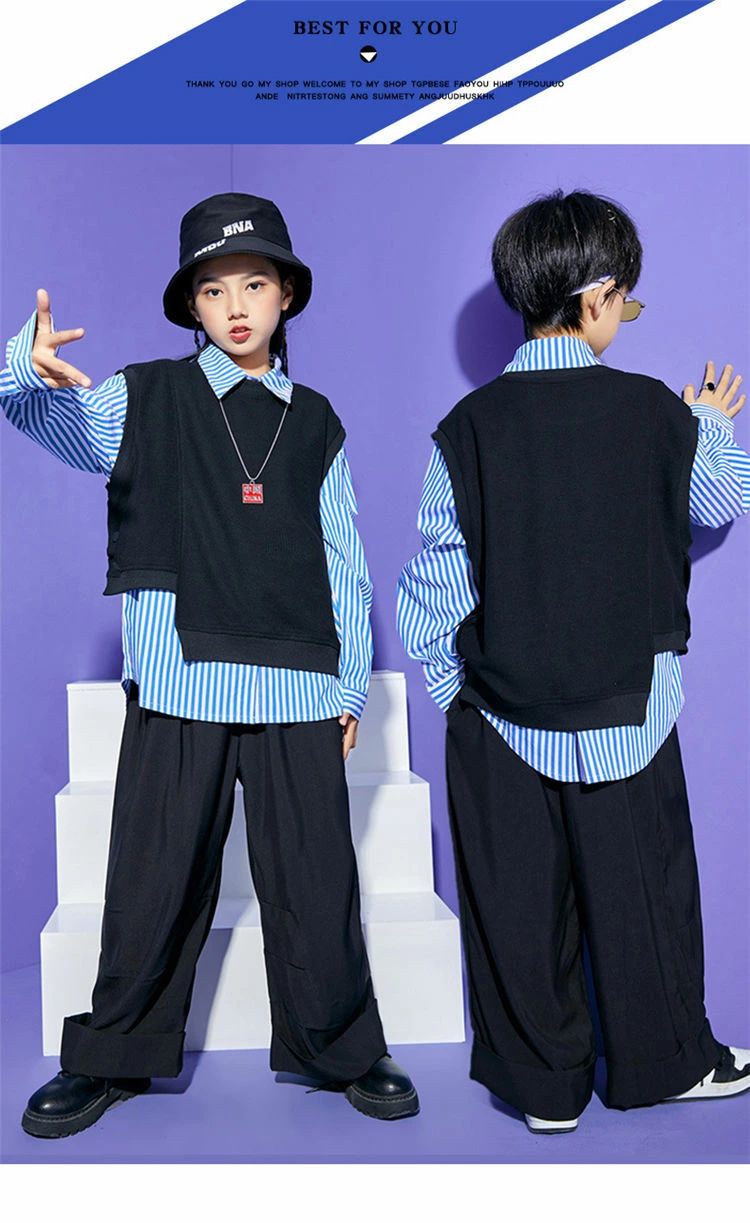 Akyron Styleのダンス衣装 キッズ ヒップホップ セットアップ 子供服 HIPHOP シャツ セーター 學院風 ガールズ 女の子 男の子 子供シャツ スクール制服 ベスト パンツ ジャッズ ストリート 原宿系 団体服 イベント 発表会 発表会 ダンスウェア 体操服 jazz 110~180cm｜アングル3