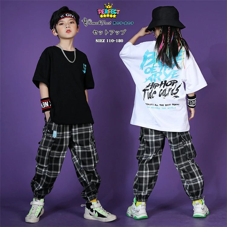 Rakuten - キッズダンス衣装 セットアップ 半袖 白シャツ パンツ 子供服 HIPHOP ヒップホップ 男の子 女の子 チェック柄 ズボン ジャッズ ストリート 男女兼用 原宿系 ダンス 衣装 キッズ 体操服 jazz hiphop 110-180 単品販売可