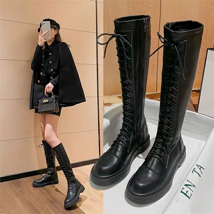 レディーズ 編み上げ ロングブーツ ブーツ ロング丈 3.5cm レースアップブーツ ジョッキー 太ヒール サイドジッパー 履きやすい 秋冬 裏ボア 長靴 防寒 滑りにくい ふくらはき オフィス カジュアル 通勤 大きいサイズ