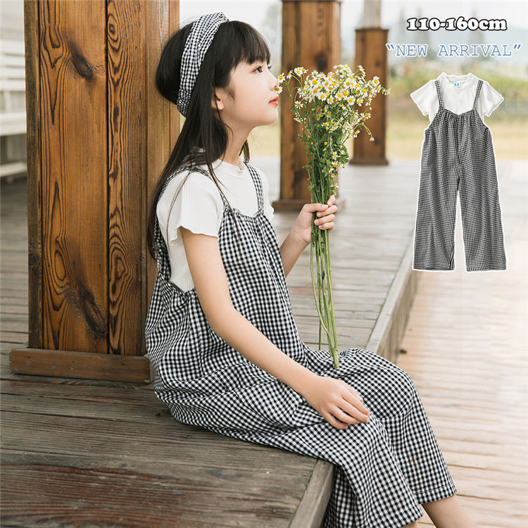 Rakuten - サロペット キッズ服 スーツ 半袖tシャツ ワイドパンツ 2点セット 子供服 女の子 オーバーオール オールインワン チェック柄 サロペットパンツ セットアップ カジュアル オシャレ 通園 通学 普段着 姫系 可愛い カジュアル オシャレ 春 夏 秋 110 120 130 140 150 160