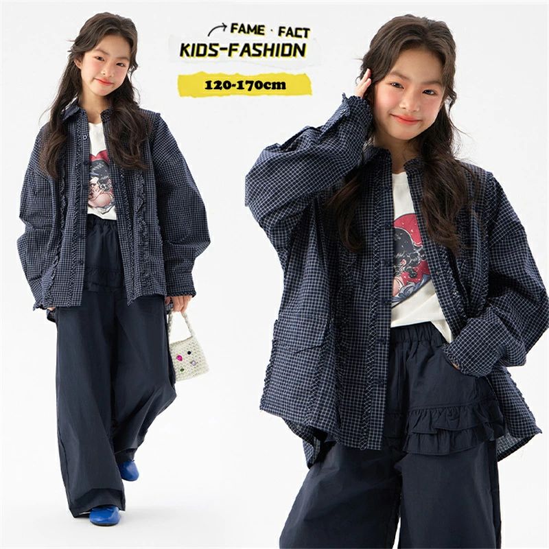 子供服 女の子 長袖 チェック柄シャツ トップス かっこいい ネイビー ブラウス 上下セット カジュアル 韓国子供服 セットアップ キッズ 可愛い ワイドパンツ 普段着 子ども服 ジュニア カジュアル 春秋 お出かけ 120cm 130cm 140cm 150cm 160cm 170cm
