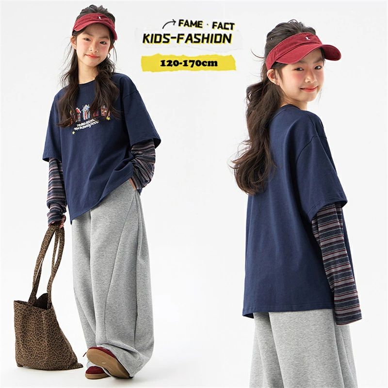 Rakuten - 韓国子供服 女の子 キッズ 英字柄 プリントTシャツ レイヤード 切り替え 重ね着風 長袖 トップス グレー ワイドパンツ セットアップ 上下セット 可愛い おしゃれ カジュアル オシャレ 普段着 通学着 通園 お出かけ 子ども服 姉妹お揃い プレゼント