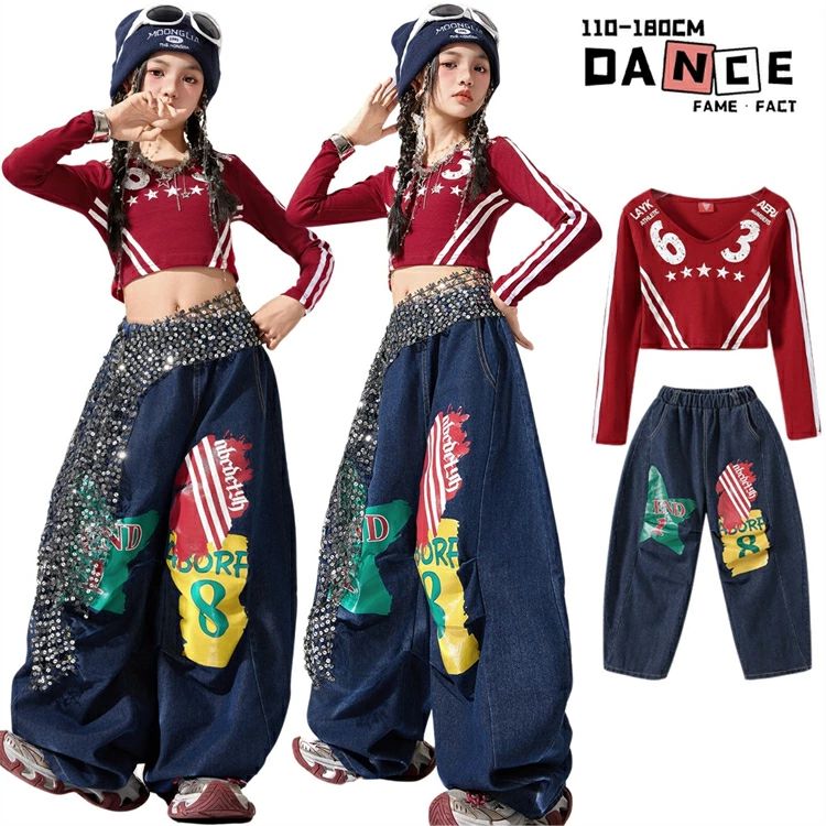 レッド キッズダンス 衣装 トップス 女の子 セットアップ ジャズ ワイドパンツ へそ出し ネイビー 星柄 長袖 hiphop おしゃれ かっこいい ヒップホップ K-POP お洒落 個性 子供服 文化祭 発表会 ガールズ ストリート ステージ衣装 応援団 普段着 団体服 発表会