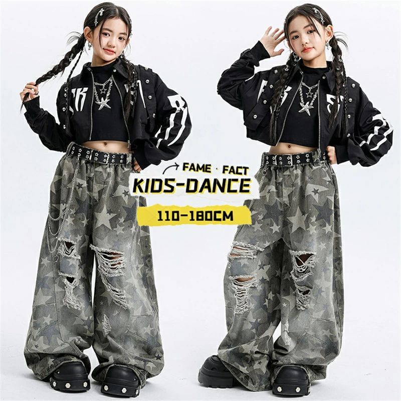 Rakuten - キッズ ダンス衣装 セットアップ 女の子 ダンス服 ブラック ジャケット 長袖 トップス へそ出し 星柄 デニムパンツ ダンスウエア ステージ衣装 子供服 発表会 Y2K チアガール ジャズ KPOP ヒップホップ 舞台衣装 ガールズ ストリート JAZZ 練習着 普段着