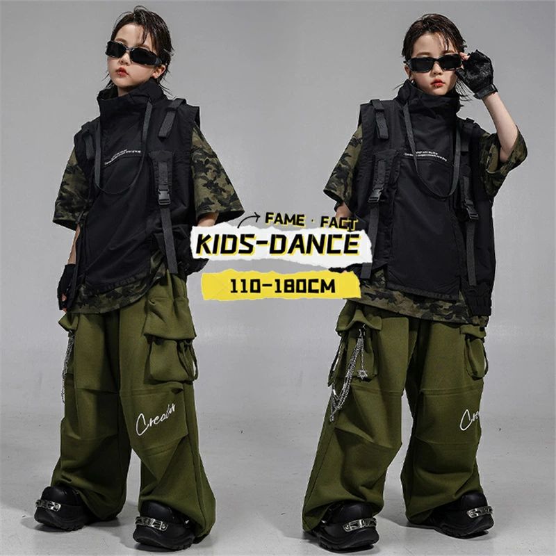 Rakuten - ダンス衣装 キッズ ヒップホップ ダンス服 セットアップ 子供服 男の子 女の子 迷彩柄 半袖 Tシャツ ベスト トップス ワイドパンツ ステージ衣装 発表会 衣装 Y2K キッズダンス ジュニア ストリート系 普段着 カジュアル ダンスウエア 舞台衣装 KPOP おしゃれ 練習着