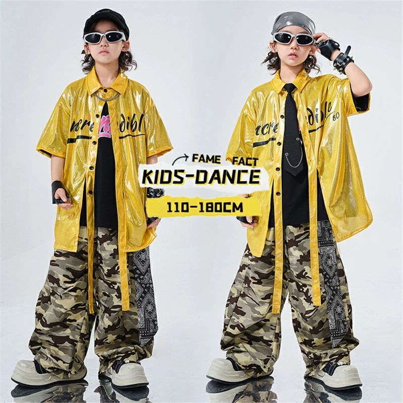 Rakuten - キッズ ダンス衣装 セットアップ 男の子 女の子 光沢感 イエロー半袖シャツ トップス Tシャツ 迷彩パンツ 発表会 子供服 ステージ衣装 カジュアル 普段着 ダンスウエア ストリート ヒップホップ 個性的 舞台衣装 KPOP おしゃれ 練習着