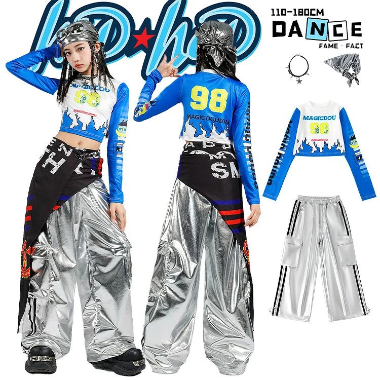 樂天商城 - へそ出し トップス キッズ k-pop 女の子 ダンス衣装 ガールズ ヒップホップ ラグラン袖 ホワイト ブルー 青 白 クロップド 長袖 炎柄 シルバー 銀色 ズボン カーゴパンツ 光沢 子供服 Y2K 応援団 発表会 ジュニア 団体服 練習着 hiphop 110-180