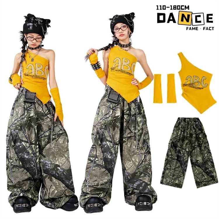 Rakuten - キッズダンス衣装 セットアップ 迷彩 イエロー 女の子 ヒップホップ ジャズ タンクトップ ワイドパンツ へそ出し ガールズ hiphop おしゃれ かっこいい お洒落 個性 子供服 文化祭 発表会 ストリート ステージ衣装 応援団 普段着 団体服 発表会 110-180cm