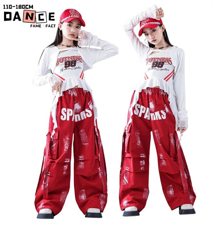 Rakuten - キッズダンス衣装 セットアップ トップス レッド ホワイト 女の子 ヒップホップ ジャズ 長袖 ワイドパンツ へそ出し ガールズ hiphop おしゃれ かっこいい お洒落 個性 子供服 文化祭 発表会 ストリート ステージ衣装 応援団 普段着 団体服 発表会 110-180cm