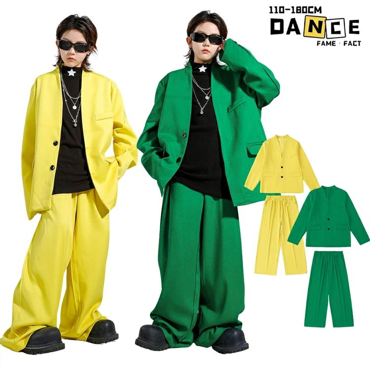 Rakuten - スーツ キッズダンス衣装 男の子 セットアップ トップス イエロー グリーン 女の子 ユニセックス ヒップホップ ジャズ ジャケット ズボン hiphop おしゃれ かっこいい お洒落 個性 子供服 文化祭 発表会 ストリート ステージ衣装 応援団 普段着 団体服 発表会 110-180cm