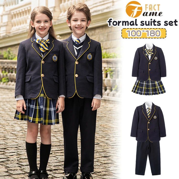 Rakuten - 紺色 女の子 卒業式 スーツ 小学生 フォーマル スーツセット 卒服 男の子 ネービー ブレザー ジャケット 子供服 ズボン 白シャツ 黄色 タータンチェック プリーツスカート キッズ 中学生 卒園式 入学式 入園 可愛い ジュニア 七五三 お誕生日 お受験 発表会 100~180