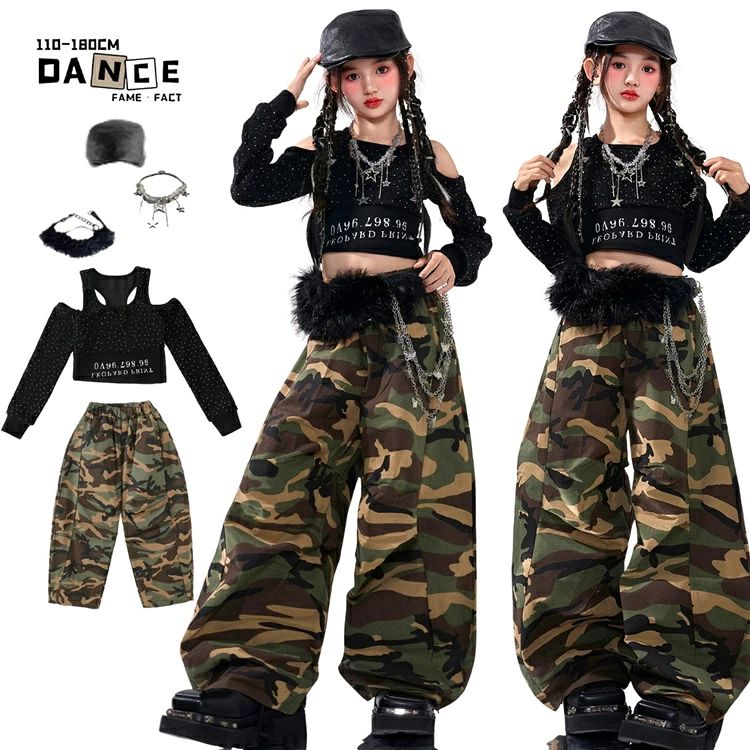 キッズダンス衣装 ヒップホップ K-POP 韓国風 子供服 セットアップ ワイドパンツ ステージ衣装 チーム衣装 発表会 舞台衣装 ダンスウェア ストリートダンス 長袖トップス ゆったり 練習着 レッスン着 ジャズダンス カーゴパンツ 迷彩パンツ オフショルダー キラキラ
