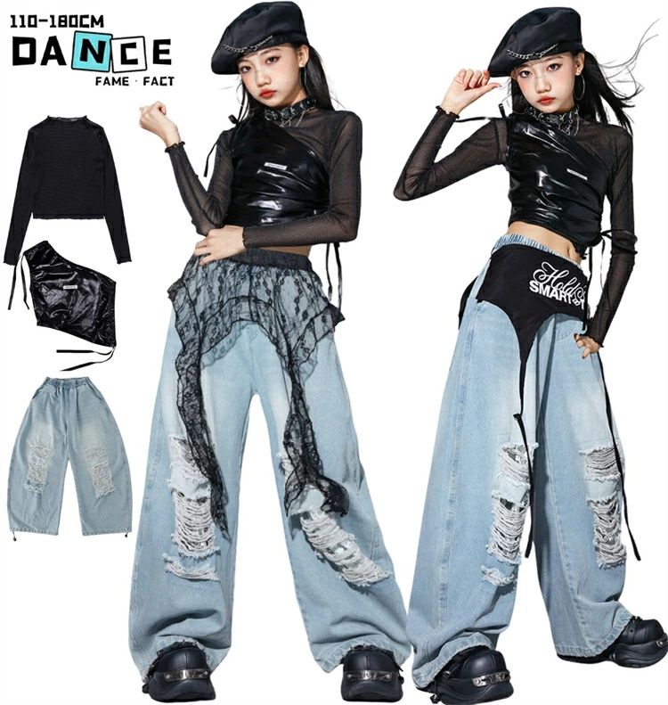 Rakuten - キッズダンス衣装 デニム セットアップ トップス ブラック 女の子 ヒップホップ ジャズ 長袖 ズボン へそ出し ガールズ hiphop おしゃれ かっこいい お洒落 個性 子供服 文化祭 発表会 ストリート ステージ衣装 応援団 普段着 団体服 発表会 110-180cm