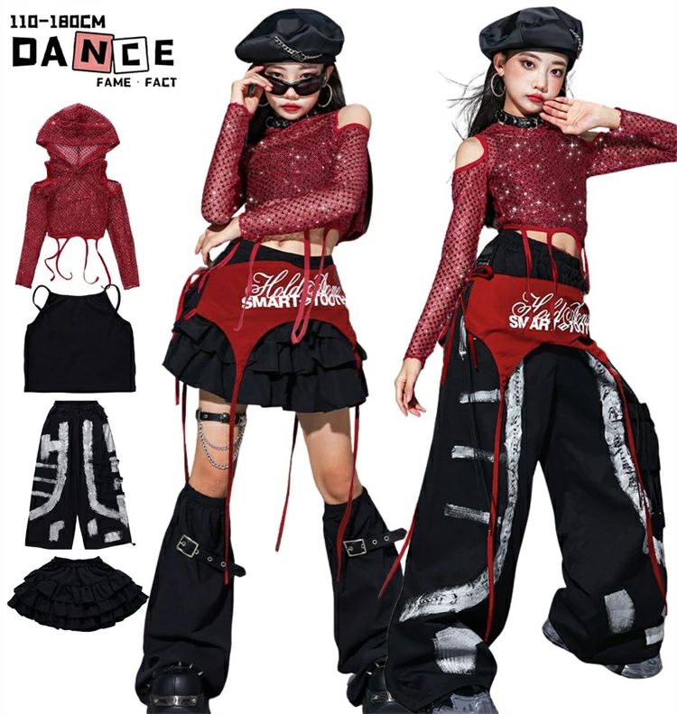 樂天商城 - 女の子 キッズダンス衣装 セットアップ レッド トップス ヒップホップ 長袖 ブラック キラキラ スカート ズボン へそ出し ガールズ hiphop ジャズ おしゃれ かっこいい 個性 子供服 文化祭 発表会 ストリート ステージ衣装 応援団 普段着 団体服 発表会 110-180cm