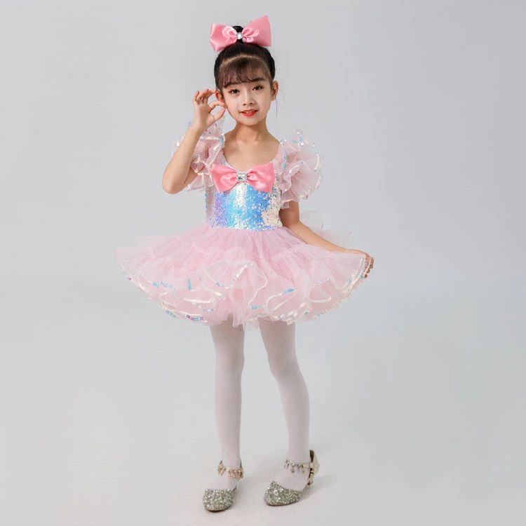 ダンス衣装 キラキラ キッズ ピンク スパンコール 女の子 ワンピース チアガール衣装 チュチュ 蝶結び キッズダンス衣装 ピンク 黄色 緑 チアダンス 子供 ダンスウェア ジュニア チアダンス ジャズダンス衣装 発表会 団体服 ステージ衣装 演出服 激安 110 170cm 3