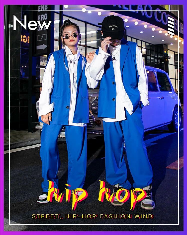 ダンス 衣装 ベスト キッズ 青 セットアップ 女の子 男の子 ダンススーツ 白シャツ...