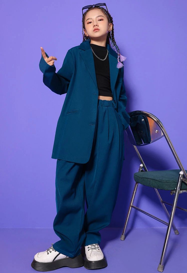 ダンススーツ 紺色 かっこいい キッズダンス衣装 セットアップ 長袖 ロング丈 ジャ...