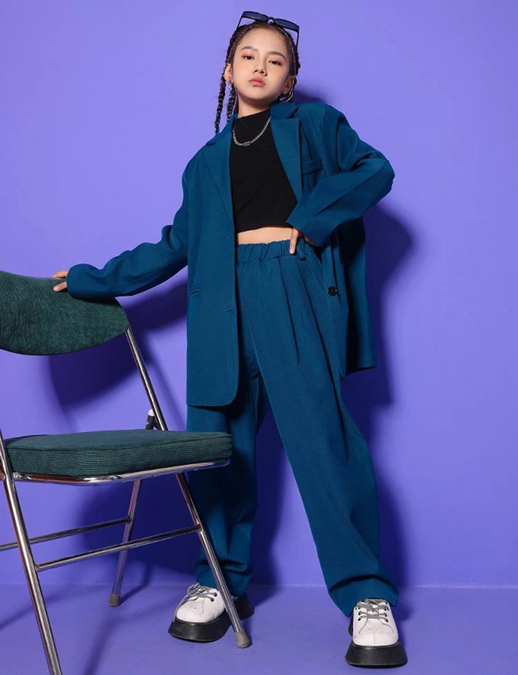 ダンススーツ 紺色 かっこいい キッズダンス衣装 セットアップ 長袖 ロング丈 ジャ...