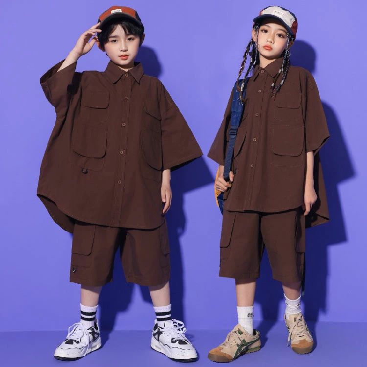 キッズ ダンス衣装 ヒップホップ 茶色シャツ セットアップ 女の子 男の子 韓国 k-p...