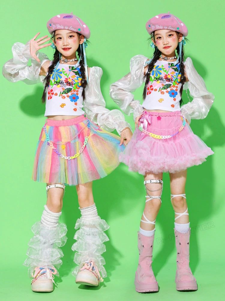 k-pop 衣装 ダンス衣装 キッズ へそ出し トップス 女の子 セットアップ チュールス...