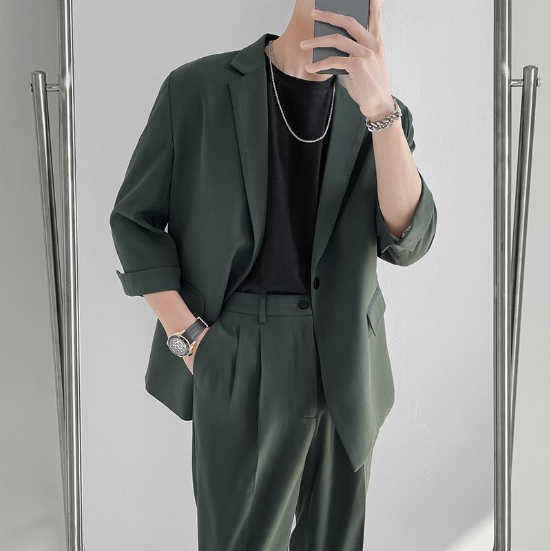 メンズ スーツ 二点セット 軽い 秋 七分袖 カラー ゆったり 薄手 おしゃれ カジュアル 紳士服 衣装 大きい 無地 大人っぽい ファッション 軽量 豊富なサイズ 韓国 スリム ビジネス M-2XL