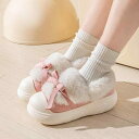 スリッポン 室内履き 厚底 ルームシューズ スリッパ かかと付き かわいい リボン ベルクロ もこもこ ふわふわ ファー ボア あったか おしゃれ 暖かい 防寒...