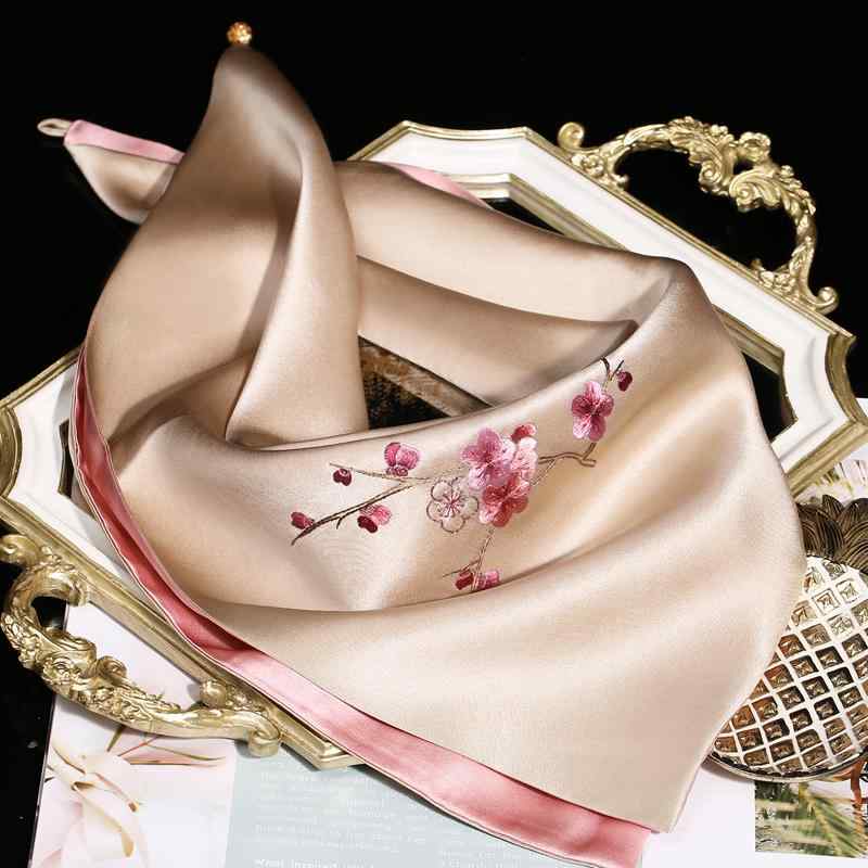 スカーフ レディース ストール シルク 刺繍 花柄 梅 正方形 55×55cm スクエア ネッカチーフ 上品 オフ..