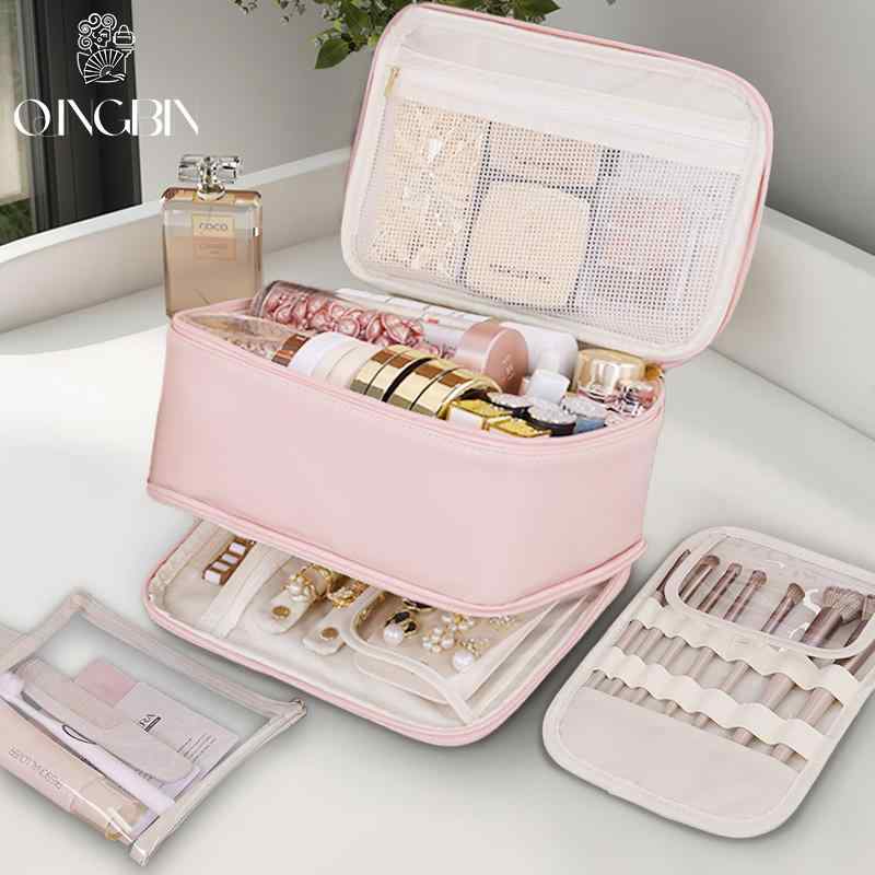 化粧ポーチ メイクポーチ 小物入れ 自立 化粧道具 収納 大容量 ブラシ入れ コスメポーチ バニティポーチ ファスナー開閉 持ち手付き 仕切りあり 整理 仕分け 軽量 使いやすい 可愛い おしゃれ プレゼント 持ち運び 通勤 出張 旅行 大きく開く