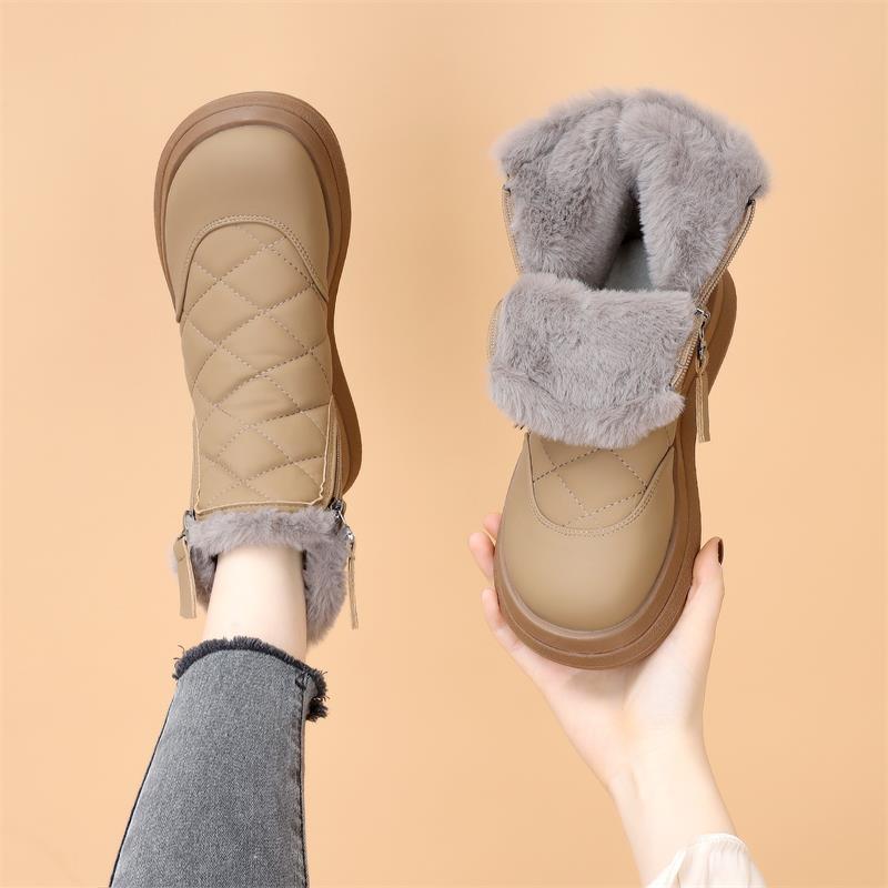 レディース ブーツ 暖かい ショート 女性用 秋 冬 レザー 滑り止め サイドジッパー スポーツ アウトドア カジュアル レジャー 無地 イベント フェス シンプル ブラック カーキ ベルベット ローヒール 1-3cm 旅行 通学 通勤(4)