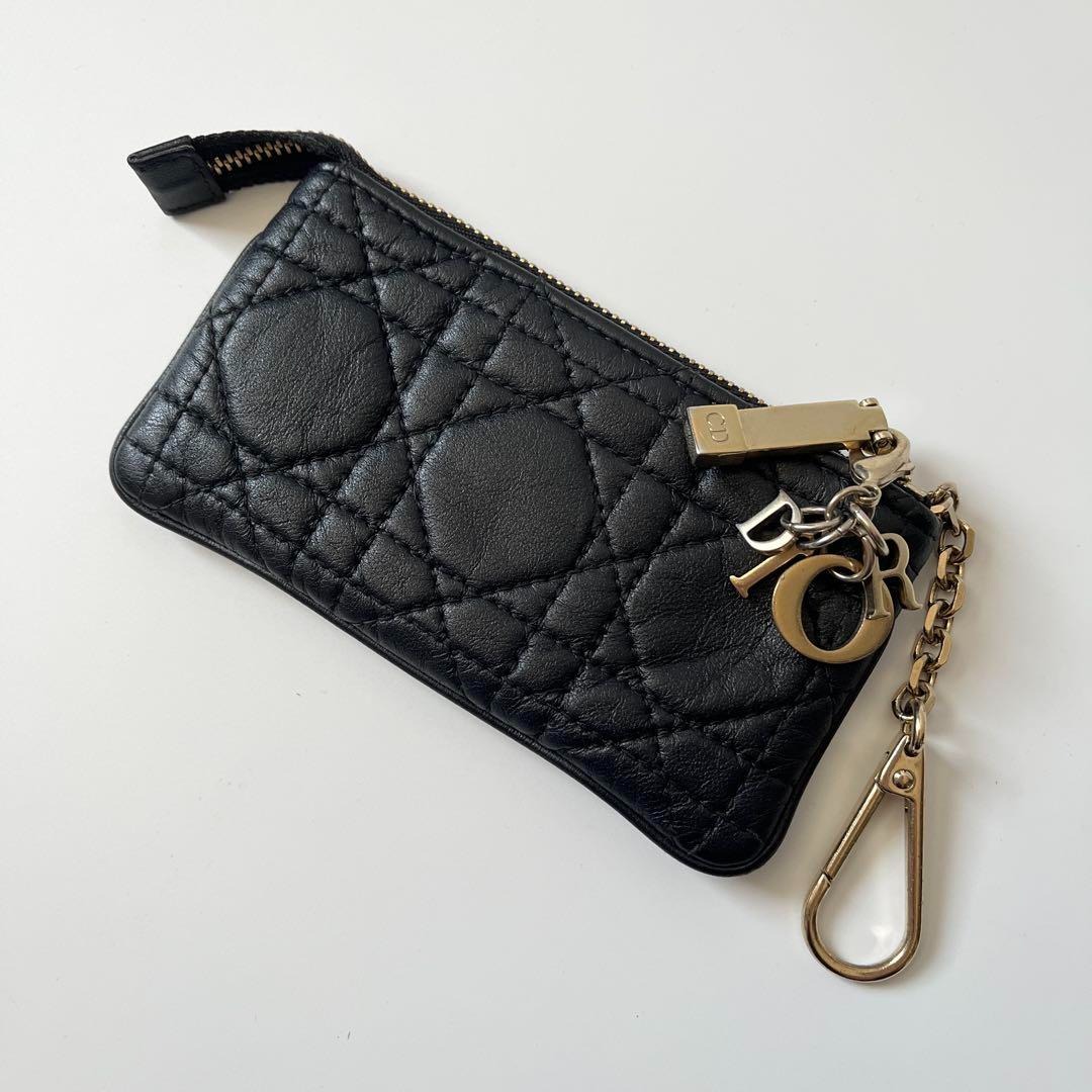 Christian Dior　クリスチャンディオール　コインケース　カナージュ　レディディオール　ラムレザー　ブラック　キルティング　チャーム付き　【中古】