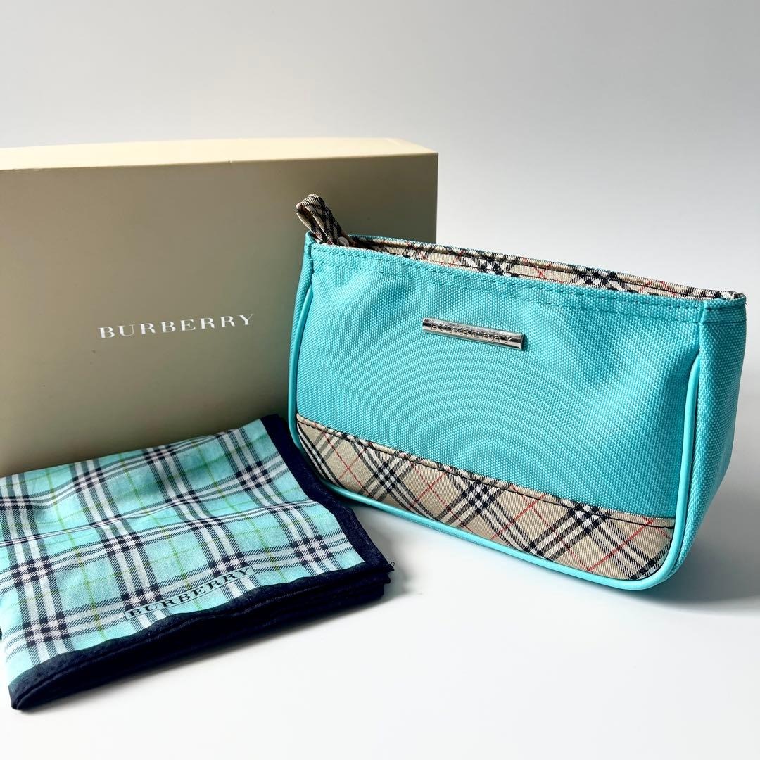 Burberry　バーバリー　ポーチ　ハンカチ　セット　チェック　キャンバス　ナイロン　ライトブルー　【中古】