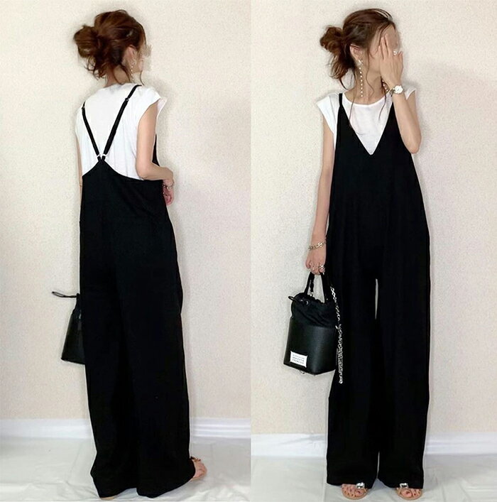 Vネック ワイド サロペット レディース ボトム オールインワン オーバーオール パンツ ワイドパンツ サロペ ズボン 体型カバー 太ももカバー ゆったり 着痩せ ノースリーブ マタニティ きれいめ オフィス カジュアル 春夏 秋冬 春 夏 秋 alady