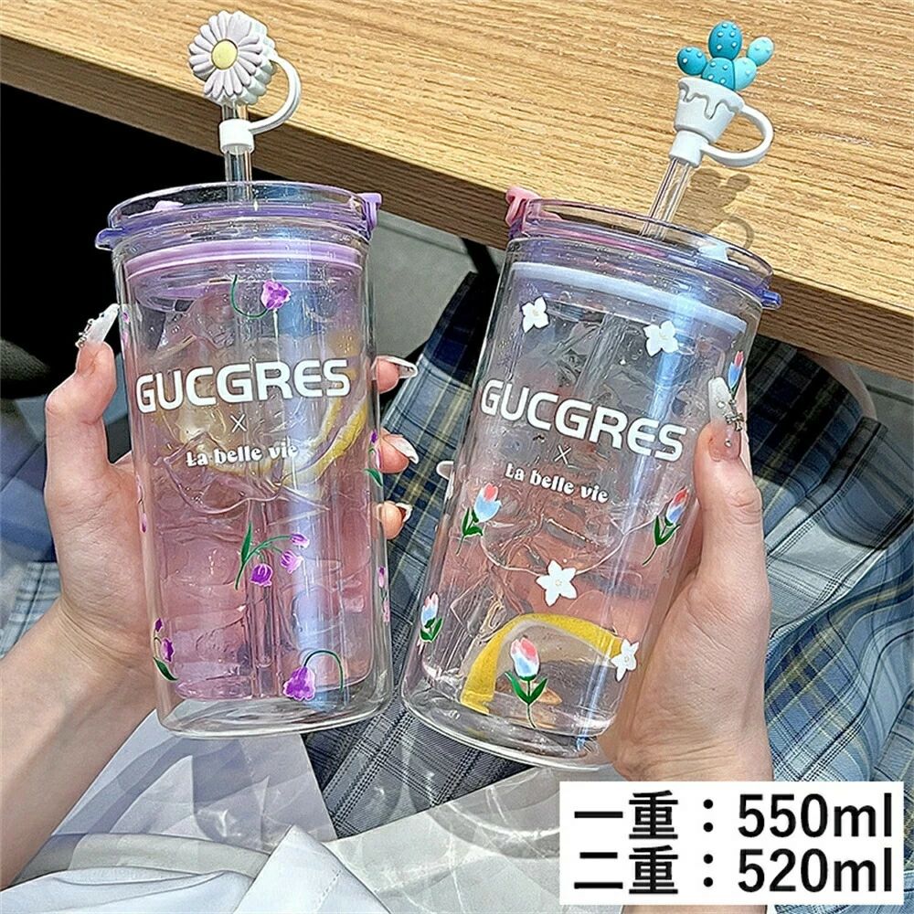 Rakuten - マグボトル 直飲み ガラス グラス マグカップ コップ 蓋付き ふた ストロー付き タンブラー 耐熱 夏 ドリンク 一重 二重 軽量 プリント おしゃれ 可愛い