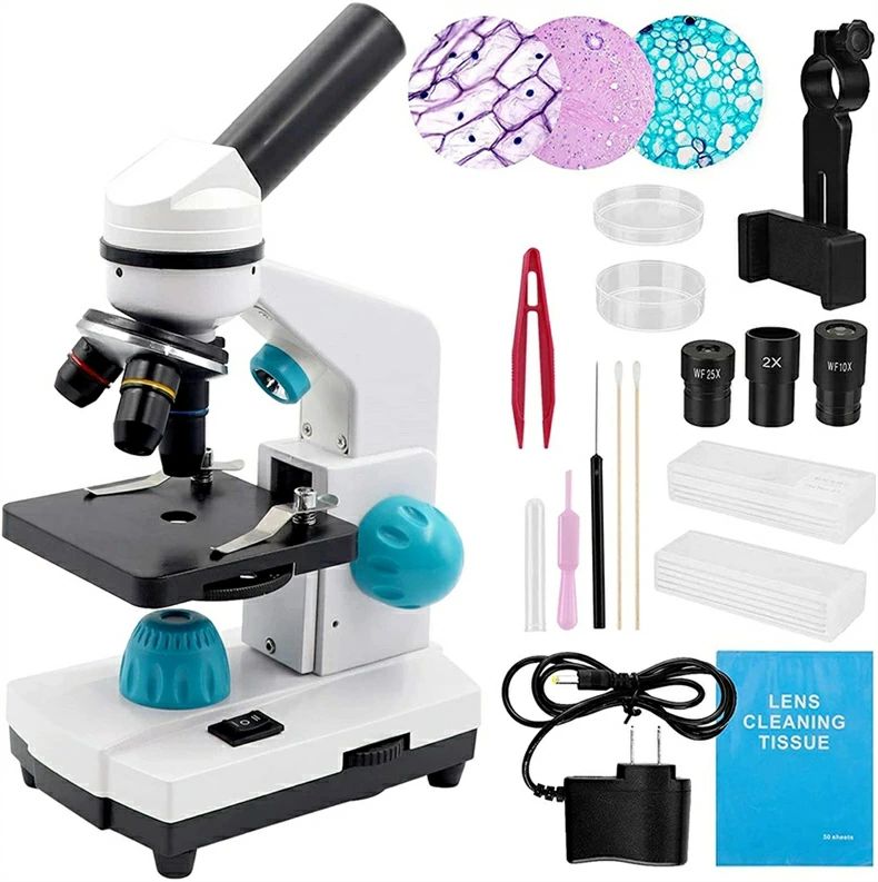 顕微鏡 子供顕微鏡 顕微鏡セット 小学生 初心者向け 40-2000倍 単眼 回転式単眼ヘッド 上下LEDライト内蔵 標本スライド スマホ撮影ホルダー付 学生/幼児/子供/自由研究/学習/科学教育/実験室
