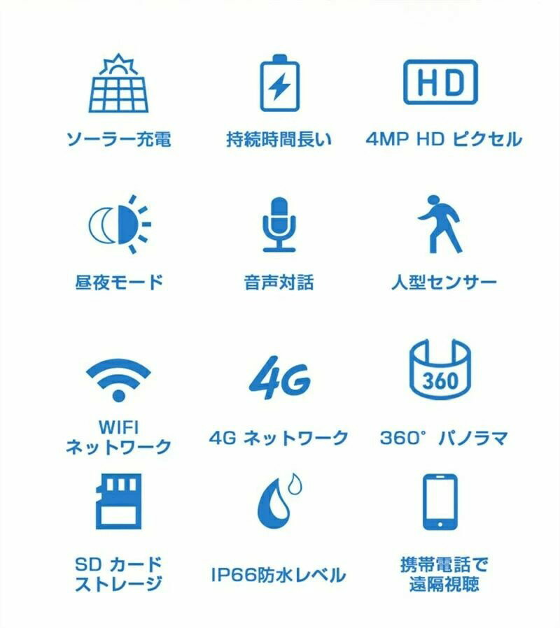 防犯ソーラーカメラ ワイヤレス ソーラー充電 高画質 4MP HD画質 昼夜モード 人型検出 10倍デジタルズーム 監視カメラ 防犯カメラ 360°回転 24時間録画 WIFI 4G 400万画素 双方向音声通話 設置簡単 IP66防水 フルカラー夜視 ソーラー
