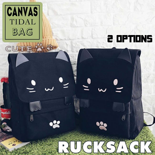 Rakuten - オ レディース 白 黒 デニム キャンバス PU フラップ 刺繍 ネコ 猫ちゃん リュクサック りゅっく バックパック 大容量 リュック