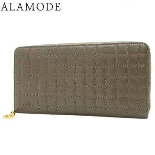 CELINE(セリーヌ) ラージ ジップド ウォレット 長財布 ラウンドファスナー ロングウォレット Cチャーム キルティング カーフ カーキ ゴールド金具 レディース 40802104421【中古】【アラモード】