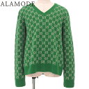 GUCCI(グッチ) GG ロゴ ニット トップス ファッション アパレル 衣類 長袖 セーター Vネック XL ウール カシミヤ グリーン緑 597725 メ...