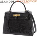 HERMES(エルメス) ケリー28 (外縫い) ブラック黒 アリゲーター クロコダイル ゴールド金具 ○U刻印 ハンドバッグ 2WAY ショルダーバッグ 肩掛...