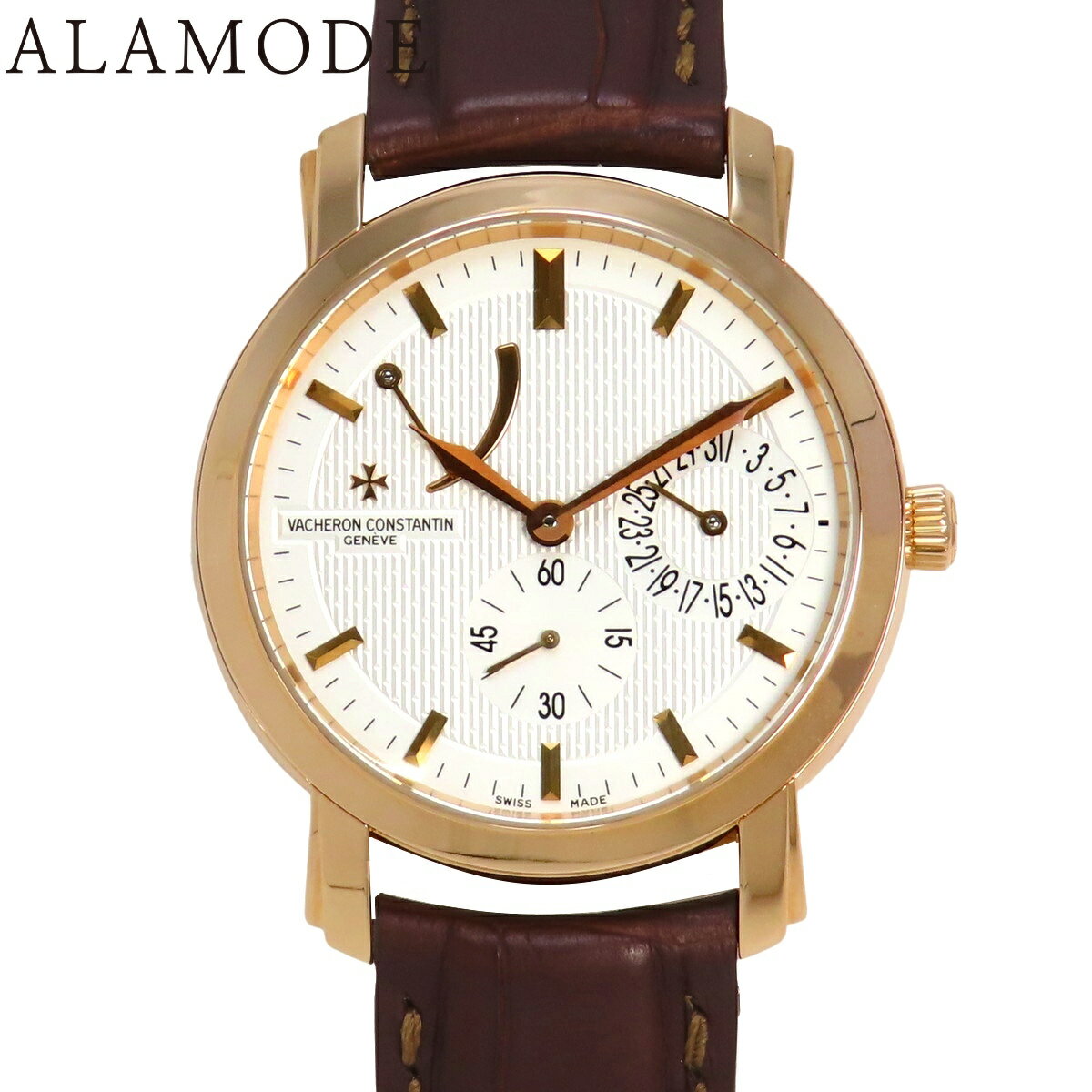 VACHERON CONSTANTIN(ヴァシュロン・コンスタンタン) マルタ パワーリザーブ デイト 腕時計 41100085009 【中古】 DETAIL ブランド VACHERON CONSTANTIN(ヴァシュロン・コンスタンタン) 商品名 マルタ パワーリザーブ デイト アイテム 腕時計 素材 《風防》サファイアガラス 《バンド》アリゲーター 《ケース》ピンクゴールド PG カラー 《バンド》ブラウン 《文字盤》シルバー 型番/製造番号/シリアル/刻印 《型番》83060/000R-9288 付属品 内箱 保証書2009年12月購入 ※内箱内劣化有 仕様/機能 《ムーブメント》手巻き 《カレンダータイプ》日付表示(デイト)《防水》日常生活《機能》パワーリザーブインジゲーター コメント 提携業者にて新品仕上げ済の商品です。 こちらの商品は鑑定済のお品物でございます。当店オリジナル1年保証付きでございます。【保証内容についてはこちらからご確認下さいませ。】 管理番号 41100085009 ヒカサシヒB 509 (お問合せの際はこちらの番号をお伝え下さい。) サイズ ケース横 腕周り ケース厚み 重量 38mm 14~19cm(約) 10.0mm(約) 92.6g *採寸は平置きの状態で行っています。*採寸サイズの為、多少の誤差はご容赦ください。 この商品のタグ ヴァシュロン・コンスタンタン、 腕時計、 系その他、 状態ランクA CONDITION ランク 状態 【スタッフコメント】 通常使用による細かな使用感はありますが、これからも長くご愛用いただけるお品です。 ベルトに劣化あり。 《風防(ガラス)》 僅かなキズ 《ケース》 小キズ 《ケースサイド》 - 《ベゼル》 - 《ブレス・バンド》 汚れ、 シワ 《バックル》 - 《裏蓋》 薄いスレ ※一部商品は店頭展示品につき、出品時と状態が異なる場合がございます。 ご不安な点がございましたらご注文前にお問い合わせくださいませ。 取扱店舗 東京ぶらんど produce by Alamode 渋谷109店 ※更新までにタイムラグが生じる場合がございます。最新情報は、各店舗へ直接お問い合わせ下さい。 TEL:03-6712-7331 (お問い合わせの際は管理番号41100085009 とお伝えください) 店舗所在地 東京ぶらんど produce by Alamode 渋谷本店 〒150-0042 東京都渋谷区宇田川町26-3 サンルイビル1階 営業時間 11:30～20:00 ORANGE BOUTIQUE 渋谷店 〒150-0042 東京都渋谷区宇田川町26-3 サンルイビル1階 営業時間 11:30～20:00 東京ぶらんど produce by Alamode 渋谷109店 (12/1 NEW OPEN!) 〒150-0043 東京都渋谷区道玄坂2-30-4 玉久ビル1階 営業時間 11:30～20:00 EC事業部 営業時間 10:00～19:00