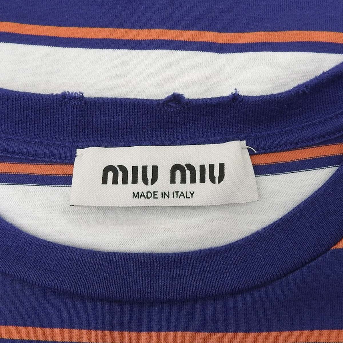 MIUMIU(ミュウミュウ) ジャージー Tシャツ Tシャツ 2024年 半袖 ダメージ加工 ボーダー トップス アパレル XS コットン ホワイト白 ネイビー紺 オレンジ MJN537 レディース 40802155477【中古】【アラモード】