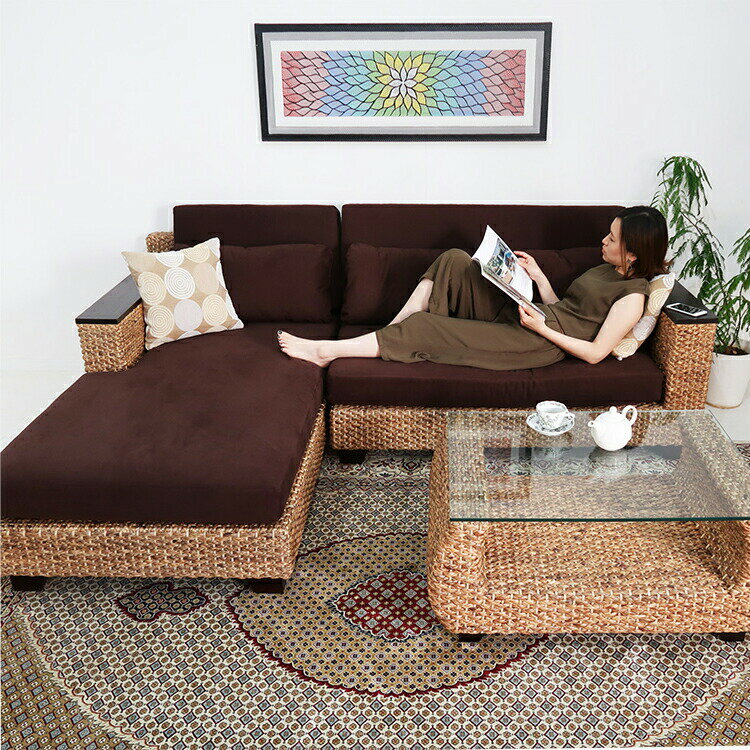 ウォーターヒヤシンス デイベットソファー カウチソファー L字型ソファ アジアン家具 マホガニー無垢 ...